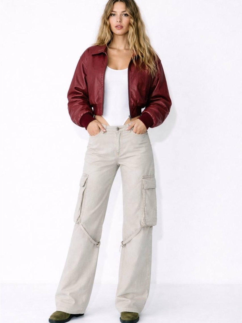 Zara Light Beige Straight-Leg Cargo Jeans